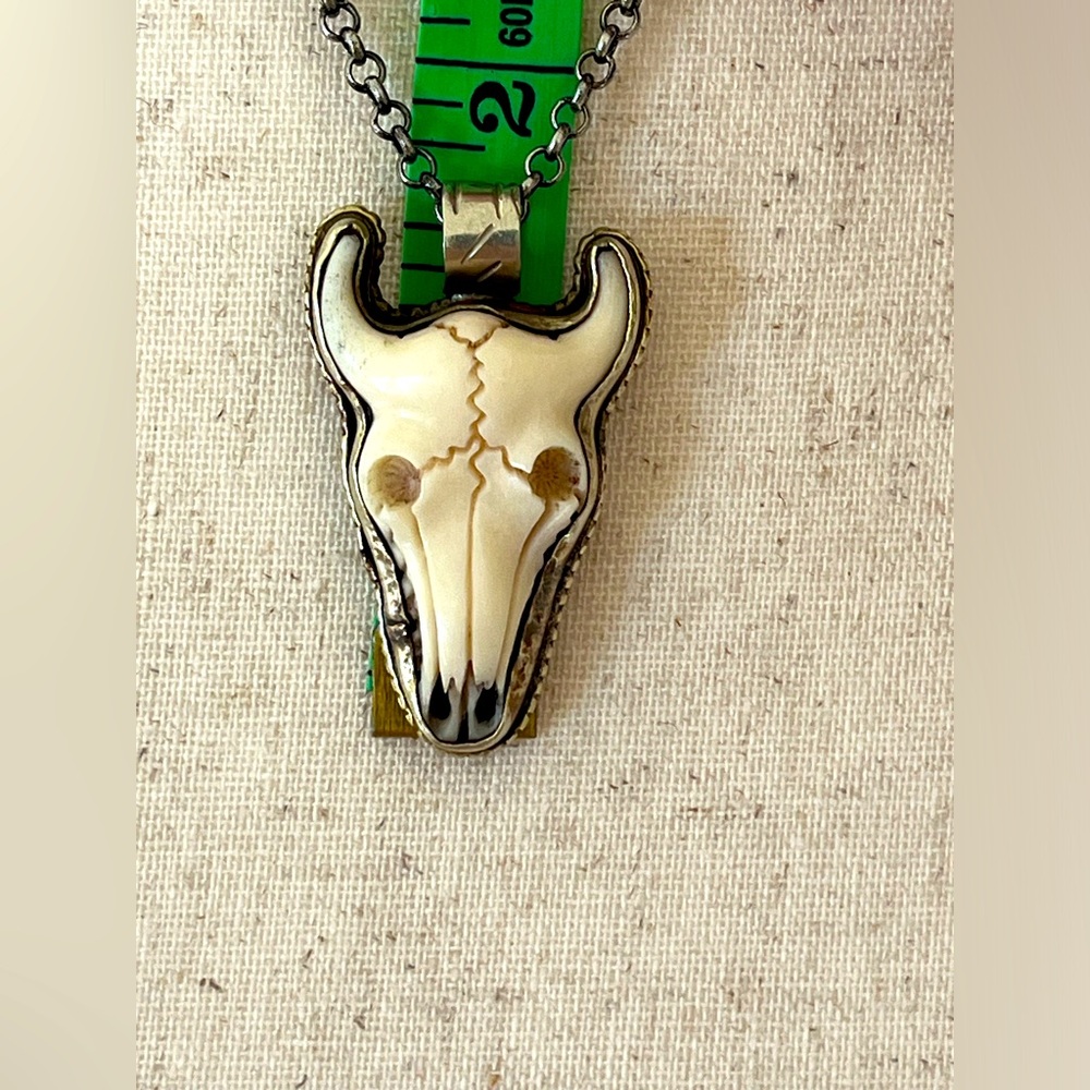 Bison Skull pendant carved bone & silver necklace hand made - Picture 6 of 9